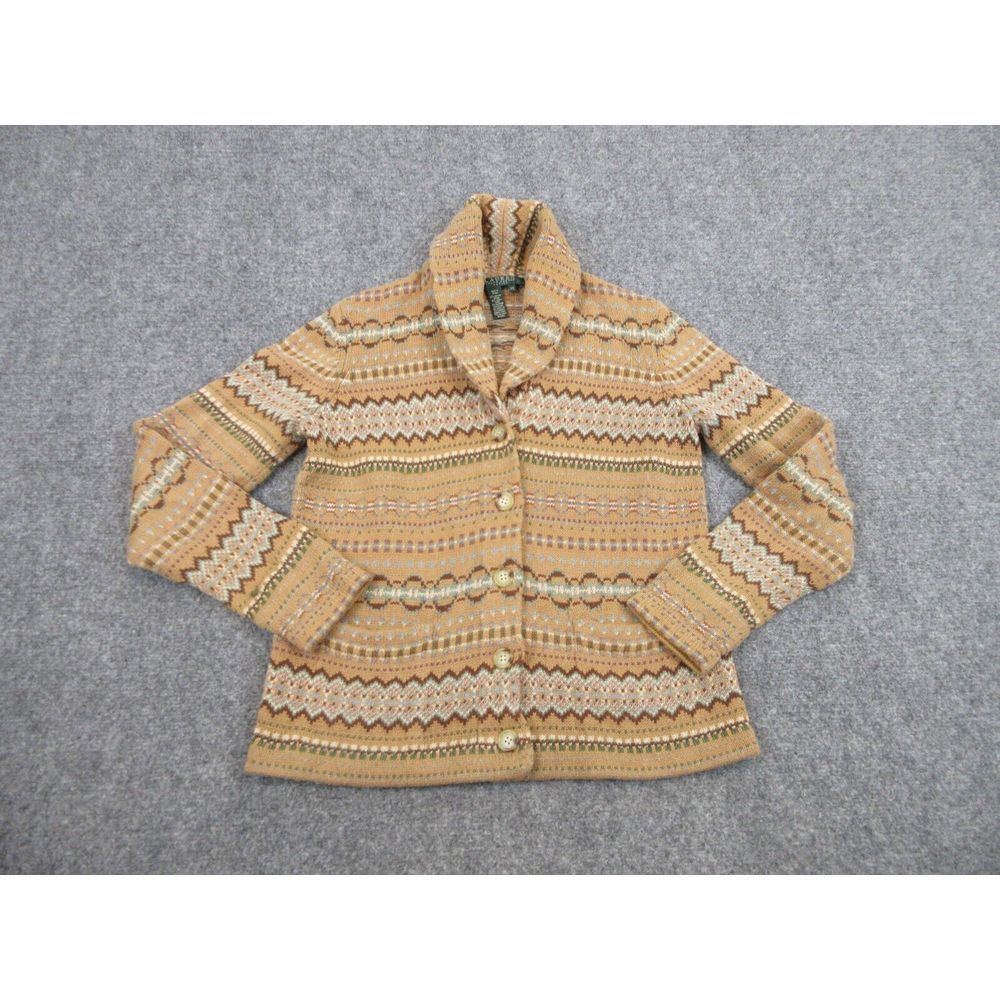 Lauren Ralph Lauren Sweater Womens Small Beige‎ Fair Isle Nordic Cardigan